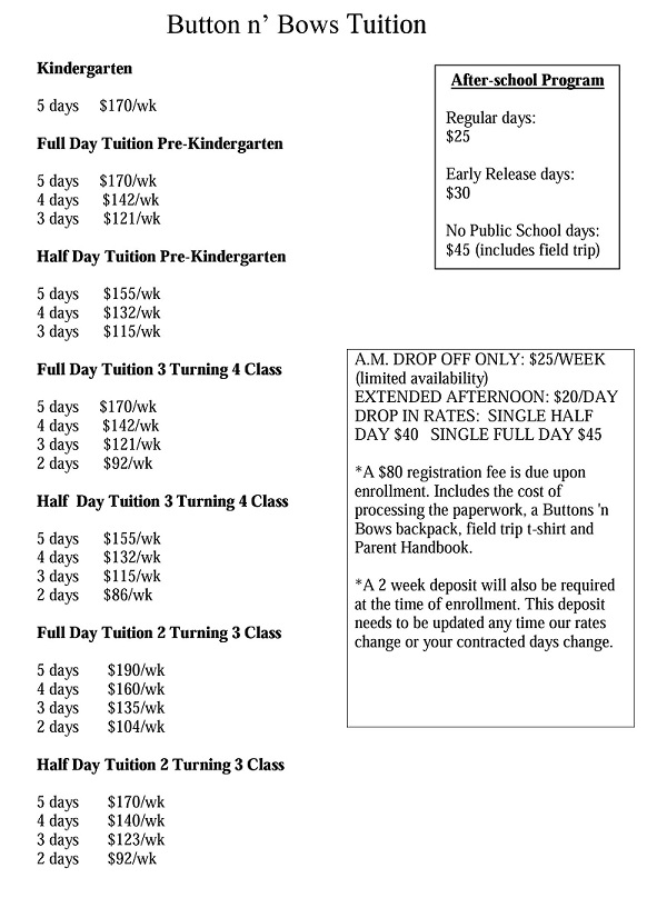 Button n’ Bows Tuition Rates